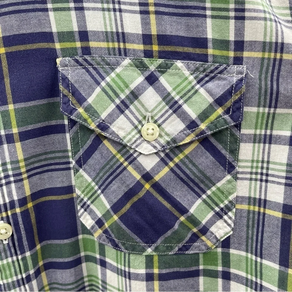 J. Crew Indian Madras Normcore Blue Green Plaid Button Up Grandpa Shirt Large